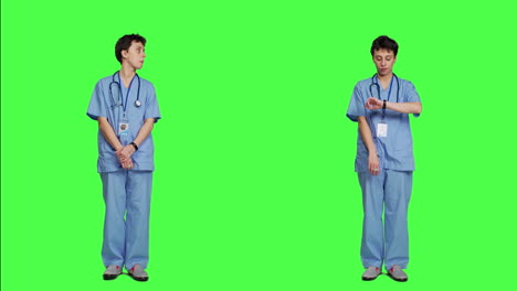 Arzthelferin-Ist-Ungeduldig-Vor-Greenscreen-Hintergrund